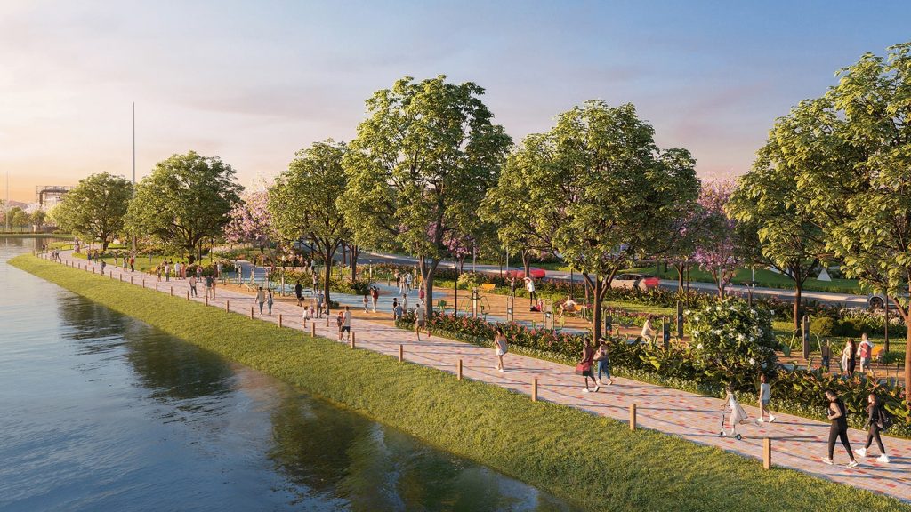 Công viên Sping Park rộng 2.78ha tại Vinhomes Đan Phượng với thảm cỏ xanh mướt, cây cối rợp bóng mát và lối đi bộ thư giãn