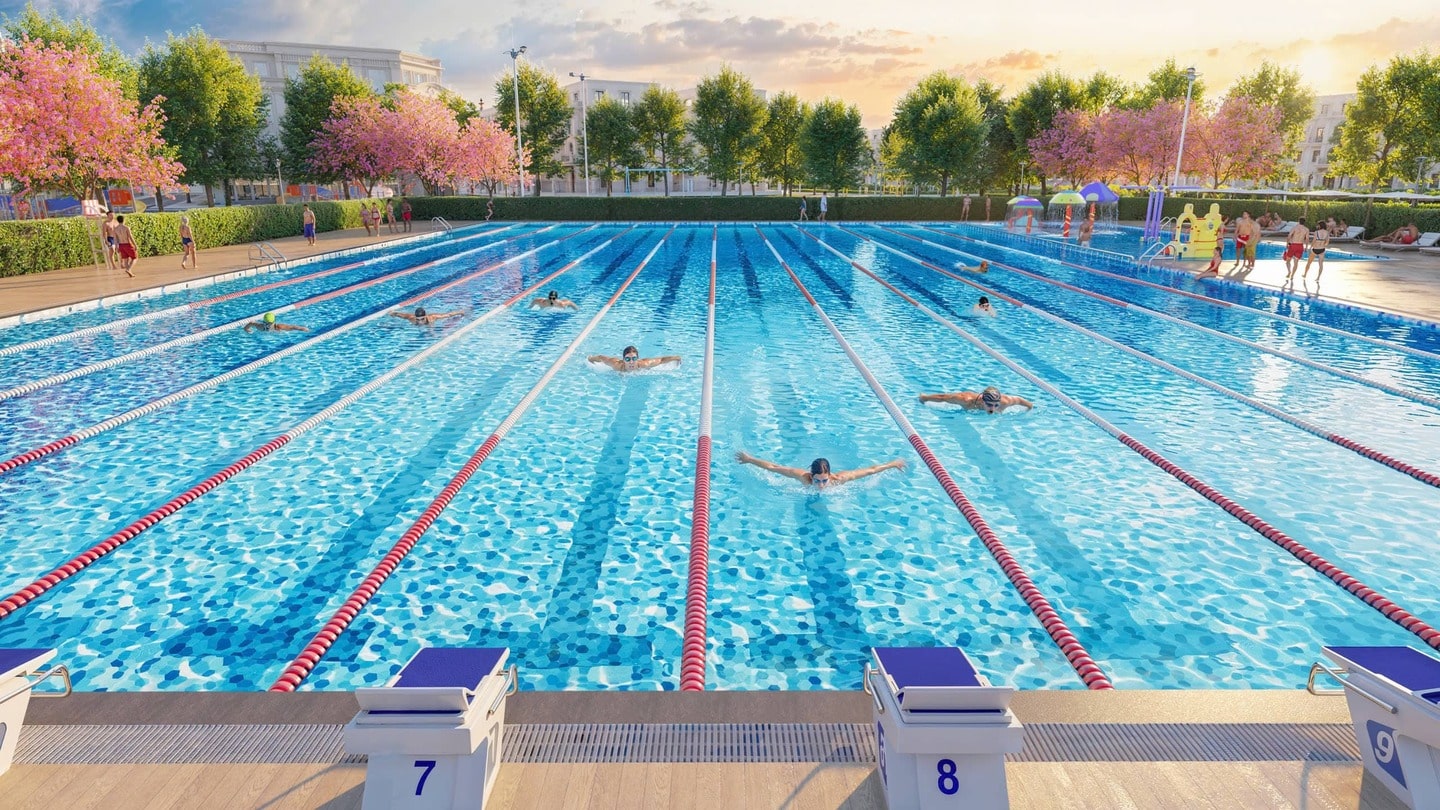 Công viên thể thao Athletic Park rộng 3.65ha tại Vinhomes Đan Phượng với các sân vận động hiện đại, khu vực tập luyện ngoài trời và không gian rộng rãi dành cho hoạt động thể thao