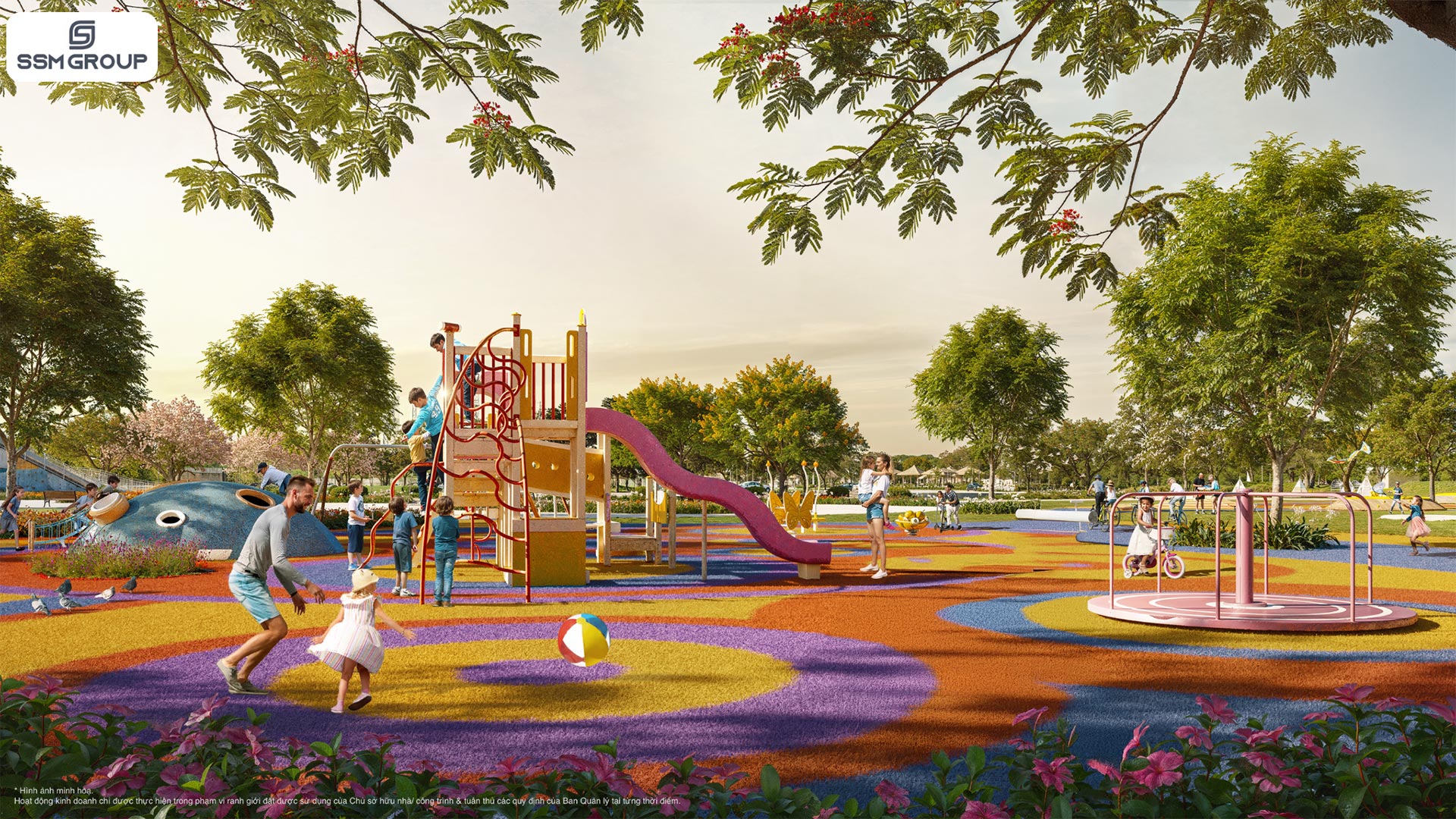 Hình ảnh khu vui chơi trẻ em ngoài trời tại Vinhomes Đan Phượng với hệ thống cầu trượt, nhà leo trèo, vòng quay và thảm cao su đa sắc màu, bố trí giữa công viên cây xanh rộng mở – tạo không gian sinh hoạt, vui chơi an toàn cho cư dân nhí trong đại đô thị Hình ảnh khu vui chơi trẻ em ngoài trời tại Vinhomes Đan Phượng với hệ thống cầu trượt, nhà leo trèo, vòng quay và thảm cao su đa sắc màu, bố trí giữa công viên cây xanh rộng mở – tạo không gian sinh hoạt, vui chơi an toàn cho cư dân nhí trong đại đô thị