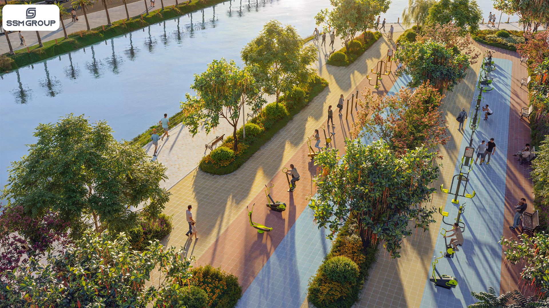 Không gian đường dạo bộ ven hồ tại Vinhomes Đan Phượng được thiết kế rộng rãi, lát đá nhiều làn chức năng, bố trí xen kẽ các thiết bị tập thể dục ngoài trời, hàng cây xanh và ghế nghỉ, tạo khu vực rèn luyện – thư giãn thường nhật cho cư dân Không gian đường dạo bộ ven hồ tại Vinhomes Đan Phượng được thiết kế rộng rãi, lát đá nhiều làn chức năng, bố trí xen kẽ các thiết bị tập thể dục ngoài trời, hàng cây xanh và ghế nghỉ, tạo khu vực rèn luyện – thư giãn thường nhật cho cư dân